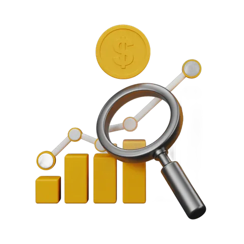 Isolated 3d clipart graphic of magnifying glass analyzing growing bar chart with dollar coin symbol for business success and financial growth PNG