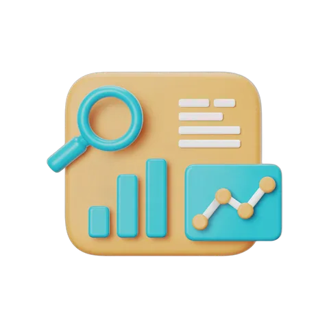 Isolated 3d clipart icon of analytics dashboard with bar chart growth and magnifying glass for business reports PNG