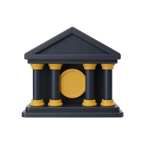 Isolated 3d clipart illustration of a classical bank building with gold accents for financial presentations and branding PNG