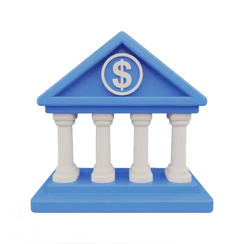 Isolated 3d clipart illustration of a classical bank building with dollar symbol on roof for financial business marketing PNG