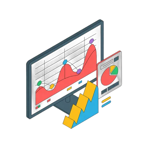 Isolated 3d clipart of computer screens showing growth chart and pie chart for business analytics and marketing reports PNG