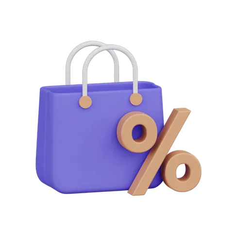Isolated 3d shopping bag with discount percentage symbol for online deals and sale promotions PNG