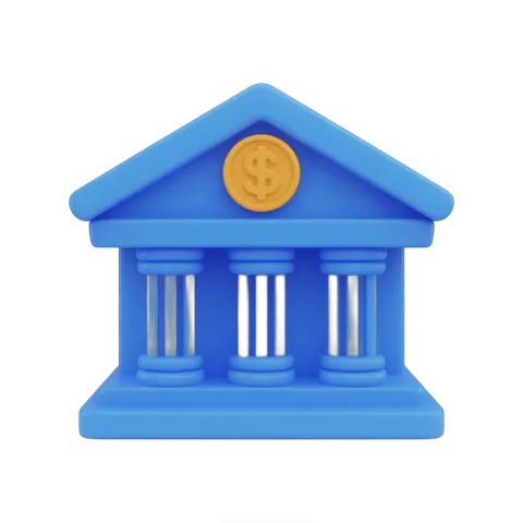 Isolated blue 3d bank building clipart with dollar sign symbol for financial business graphics PNG