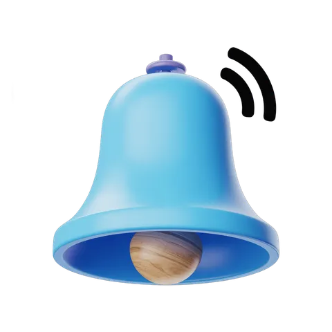 Isolated blue notification bell with wooden clapper sound wave icon for alerts and alerts PNG