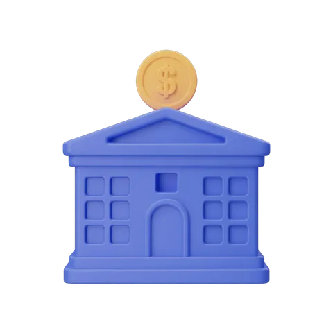 Isolated blue piggy bank building clipart with coin on roof for financial education and savings illustrations PNG