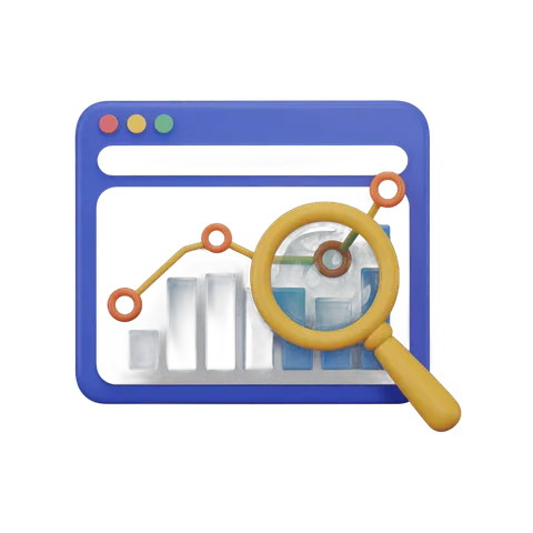 Isolated business analytics chart icon with magnifying glass for website and presentation designs PNG