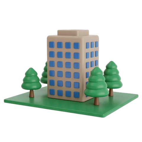 Isolated cartoon building with trees clipart for presentations and digital designs PNG