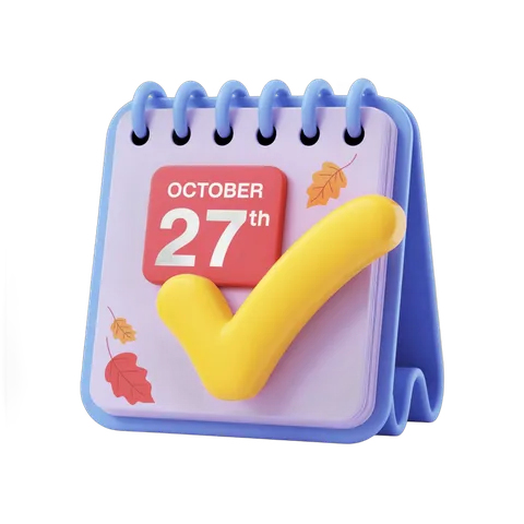 Isolated clipart calendar page showing october 27th with yellow checkmark for event planning PNG