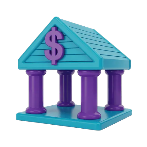 Isolated clipart illustration of a classical bank building with dollar sign symbol on roof PNG