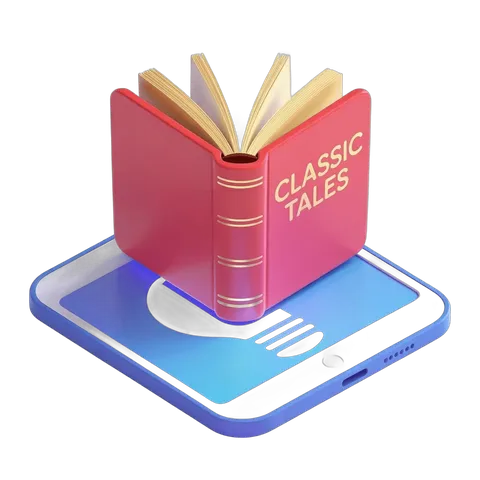 Isolated clipart of classic tales book open on smartphone for educational and literary content PNG