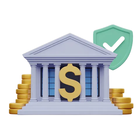 Isolated clipart of classical bank building with dollar sign and security checkmark for financial trust graphics PNG