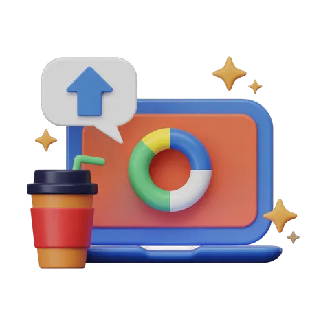 Isolated clipart of coffee cup with drink and upward arrow on laptop screen with life preserver icon PNG