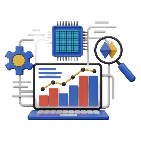 Isolated clipart of laptop with analytics chart and circuit board components for business presentations PNG