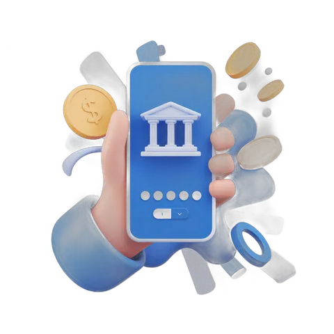 Isolated clipart of smartphone showing banking app with coins and dollar signs floating around PNG