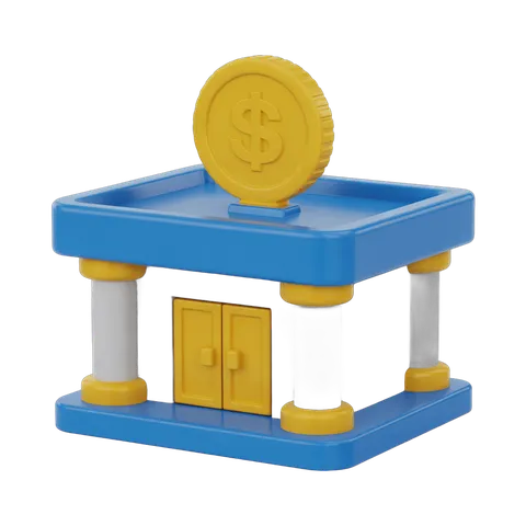 Isolated clipart of toy bank with dollar coin on top for financial education and savings illustrations PNG