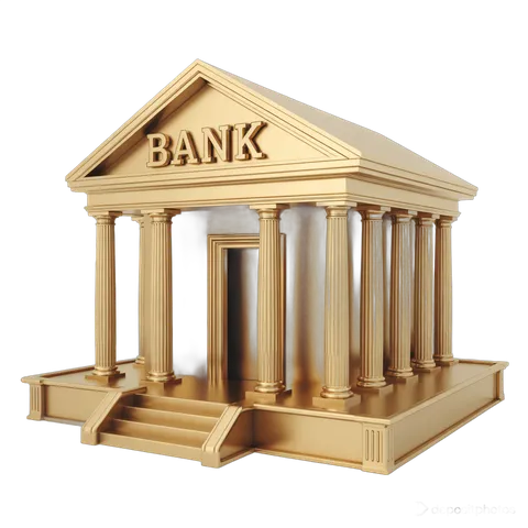 Isolated gold 3d bank building illustration for financial presentations and corporate branding PNG