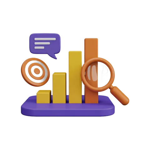 Isolated modern business analytics chart icon with speech bubble target and magnifying glass for presentations PNG