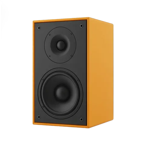 Isolated mustard yellow bookshelf speaker with black woofers for home audio setup PNG