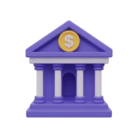 Isolated purple 3d bank building clipart with dollar sign symbol for financial business graphics PNG