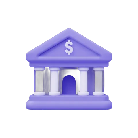 Isolated purple 3d bank building clipart with dollar sign symbol for financial graphics PNG