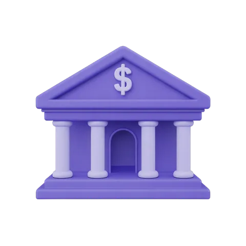 Isolated purple 3d bank building clipart with dollar sign symbol for financial graphics and presentations PNG