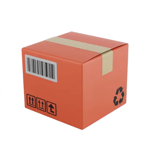 Isolated red recyclable shipping box with barcode and handling symbols for ecommerce packaging design PNG