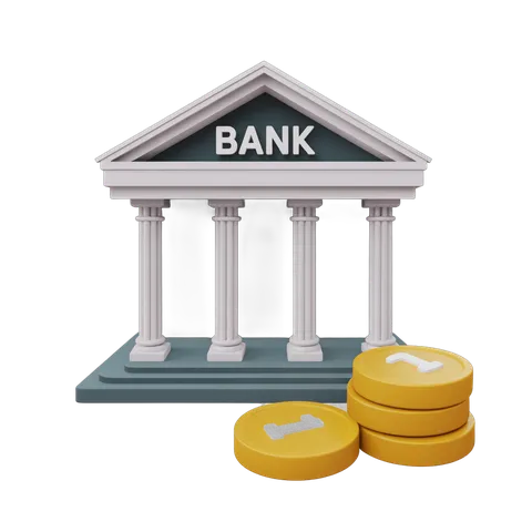 Isolated transparent bank building clipart with gold coins for financial graphics and presentations PNG
