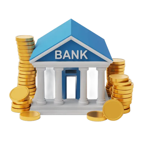 Isolated transparent bank building clipart with gold coins stack for financial business graphics PNG