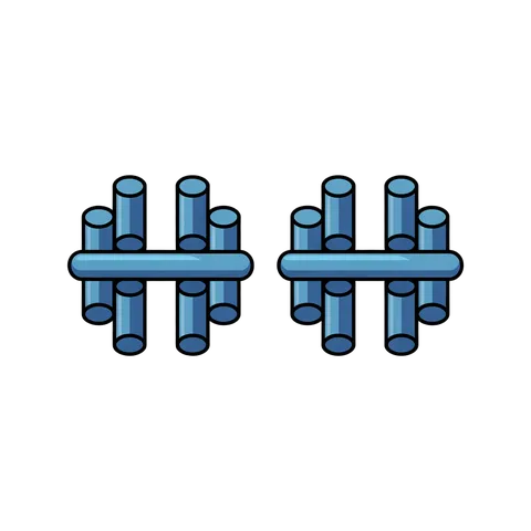 Isolated transparent clipart of two blue interconnected cylindrical connector blocks with vertical pins PNG