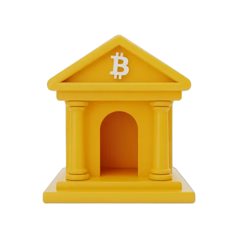 Isolated yellow 3d bitcoin bank graphic element for cryptocurrency financial presentations and marketing PNG