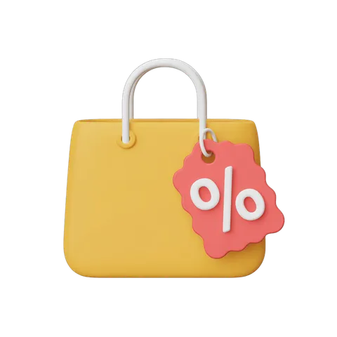 Isolated yellow shopping bag clipart with discount sale percent sign sticker for online ads and marketing PNG