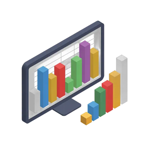Isometric bar chart clipart for business analytics and data presentation on transparent background PNG