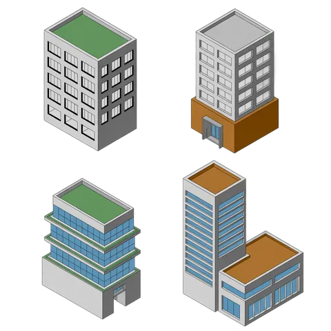 Isometric clipart buildings illustration set for presentations and commercial designs PNG