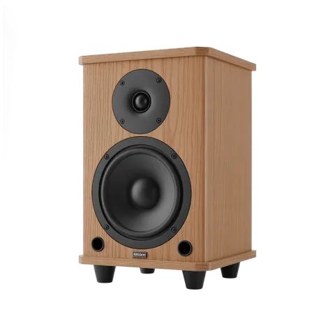 Light wood speaker with black woofer and tweeter for home audio system PNG