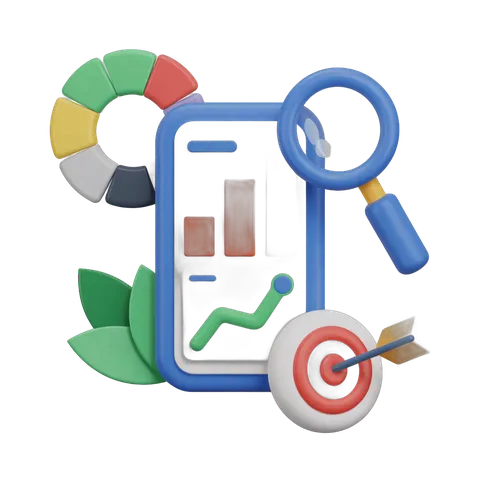 Mobile analytics dashboard with growth chart target and magnifying glass for business success PNG