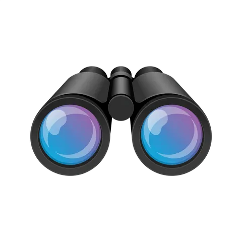 Modern black binoculars with blue and purple lenses for observation and exploration PNG