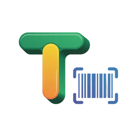 Modern green and yellow t letter with barcode scanner graphic for retail tech branding and app design PNG