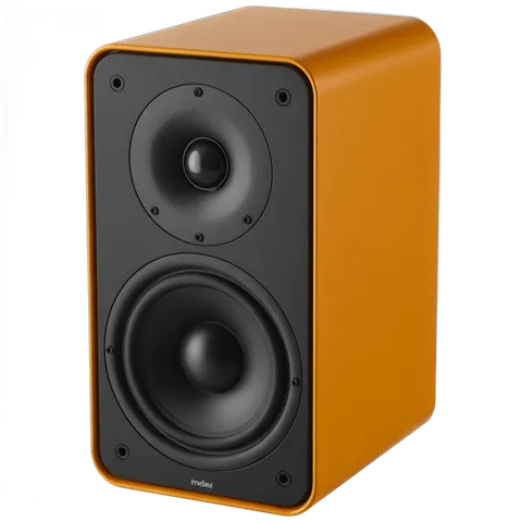 Modern orange bookshelf speaker with black drivers for home audio setup PNG