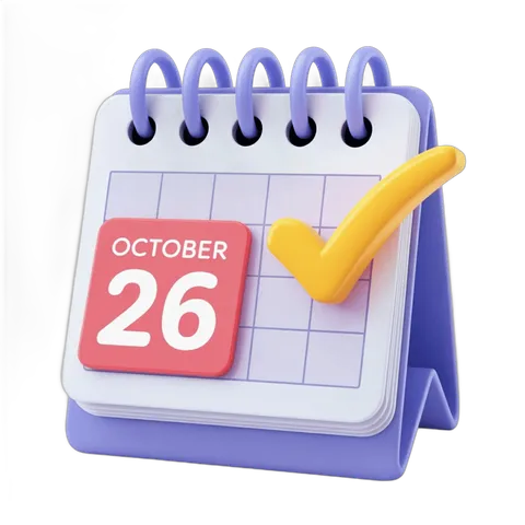 October 26 date marked with checkmark on isolated calendar clipart graphic element PNG