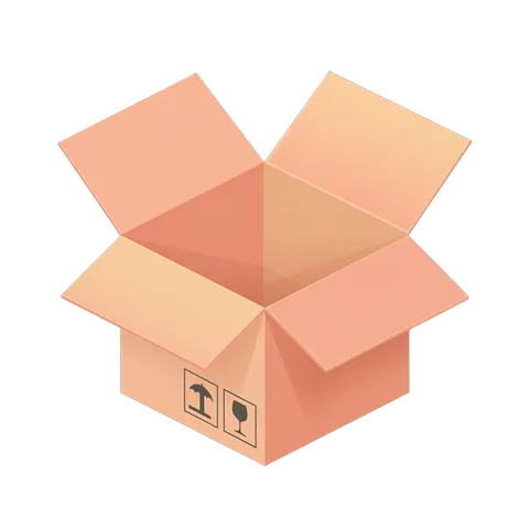 Open cardboard box with fragile and wine handling labels for shipping and delivery packaging design PNG