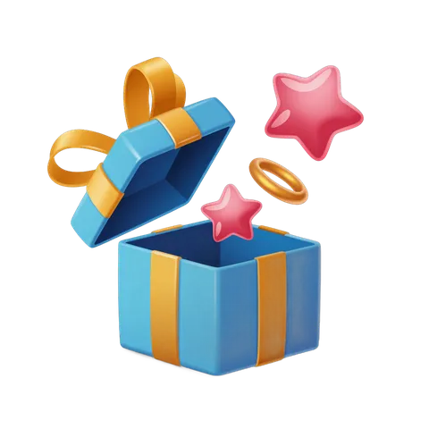 Open gift box with colorful stars and ribbon for celebration and surprise presentation PNG