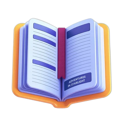 Open hardcover book with bookmark showing adventures in starlight for fantasy children stories illustration PNG