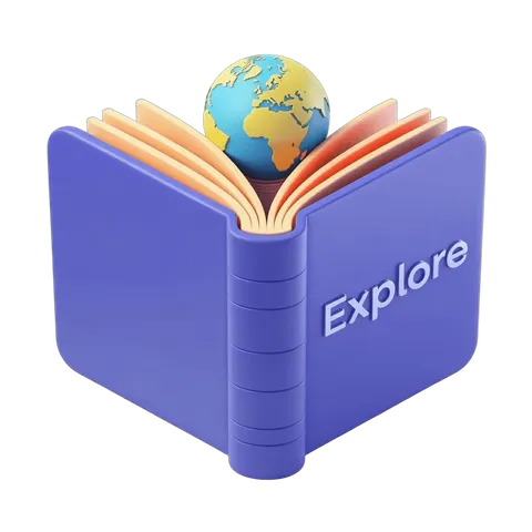 Open hardcover book with globe illustration for travel education and exploration concepts PNG