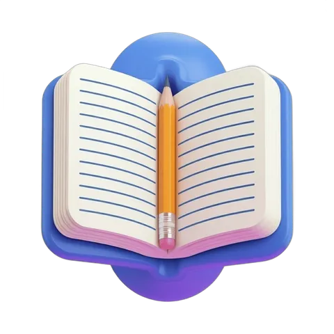 Open notebook with pencil resting on blue stand for education and study illustrations PNG