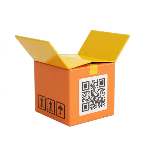 Open orange delivery box with qr code and handling icons for shipping and logistics design PNG