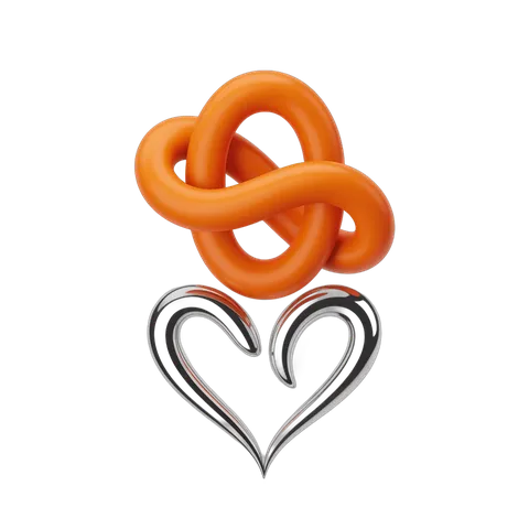 Orange pretzel knot with metallic heart clipart for love and romance graphic design PNG