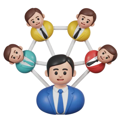 Professional business leader connecting with diverse team members in network illustration PNG