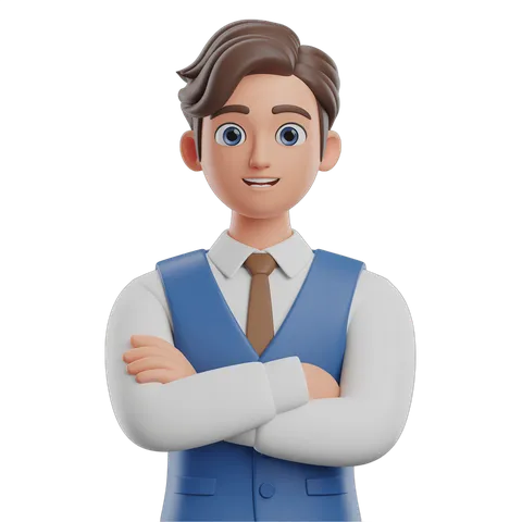 Professional confident businessman with arms crossed in blue vest and tie for corporate presentations and business graphics PNG