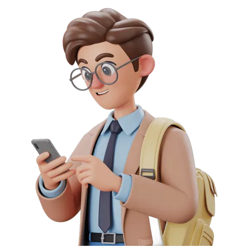 Professional man checking smartphone while commuting with backpack and tie PNG