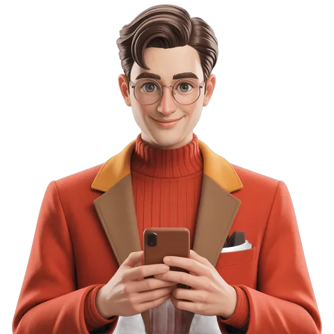 Professional man in stylish red blazer and glasses using smartphone with cheerful expression for business presentations PNG